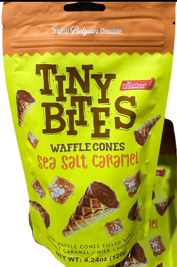 Tiny Bites Belgiun Chocolate Waffle Cones Sea Salt Caramel Flavor 4.24 oz - Exotic World Snacks