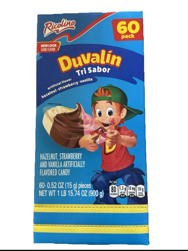 Ricolino Duvalin Trisabor Spread, 60 Count Hazelnut, Strawberry, Vanilla Mexican Candy - Exotic World Snacks